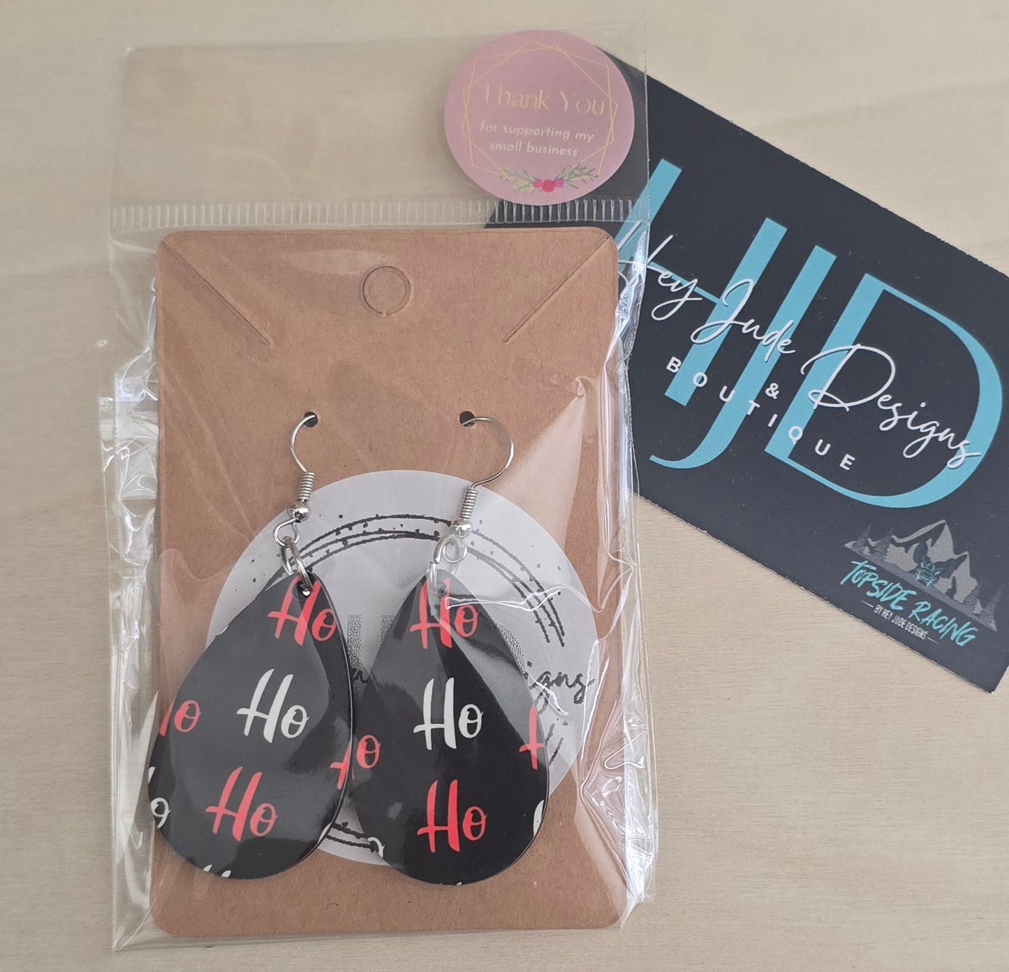 Ho Ho Ho Double Sided Tear Drop Dangle Earrings