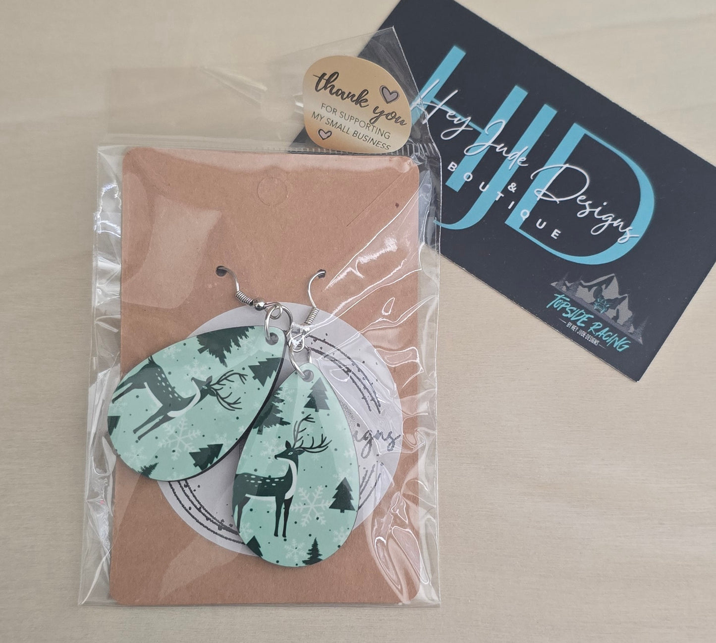 Green Deer Double Sided Tear Drop Dangle Earrings