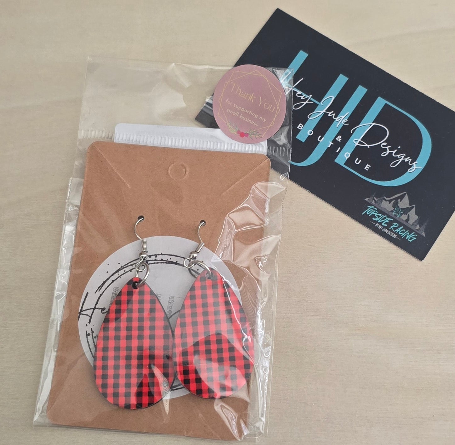 Red Plaid Double Sided Tear Drop Dangle Earrings