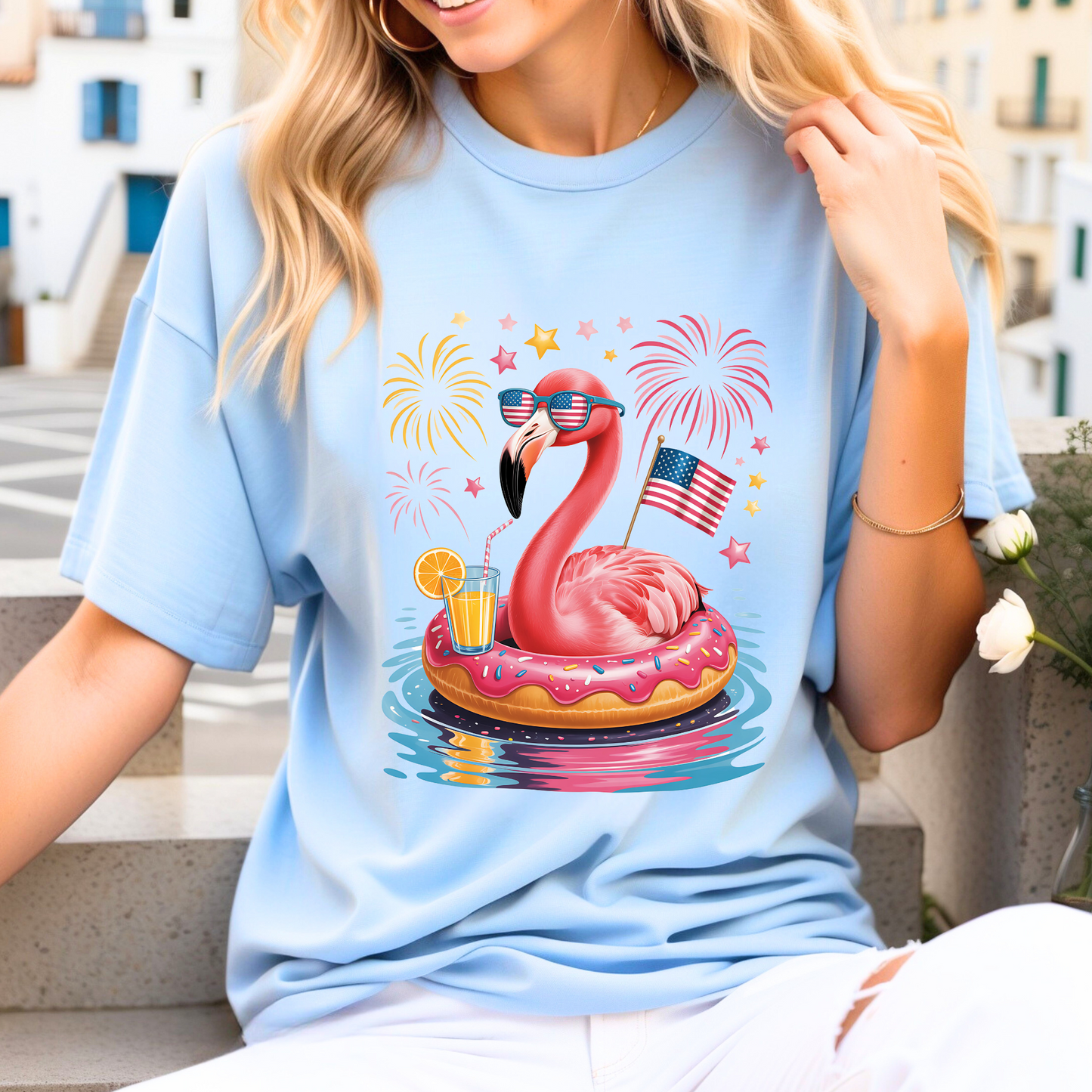 Flamingo Fireworks Graphic Tee