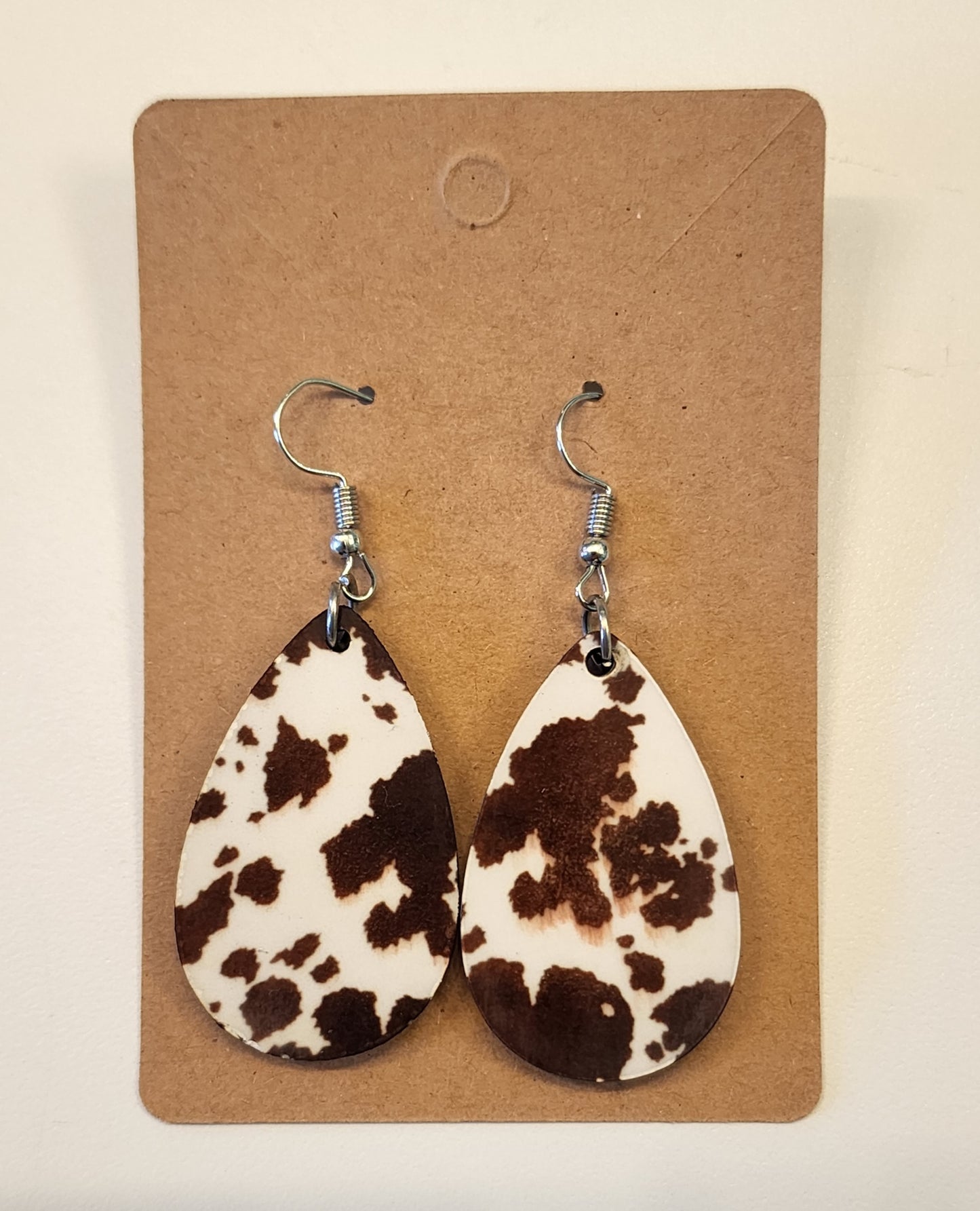 Brown and White Cow Print Double Sided Tear Drop Dangle Earrings