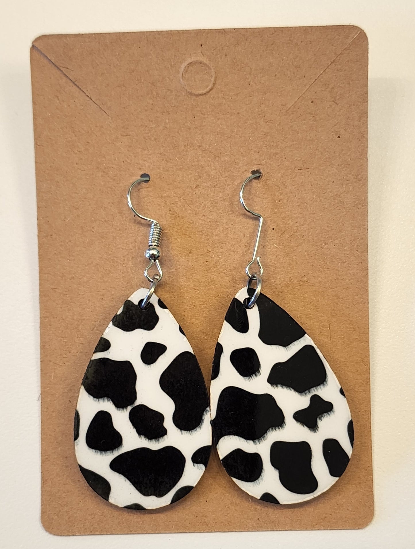 Black and White Cow Print Double Sided Tear Drop Dangle Earrings