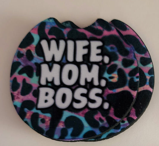 2PC Wife, Mom, Boss Car Coaster Set