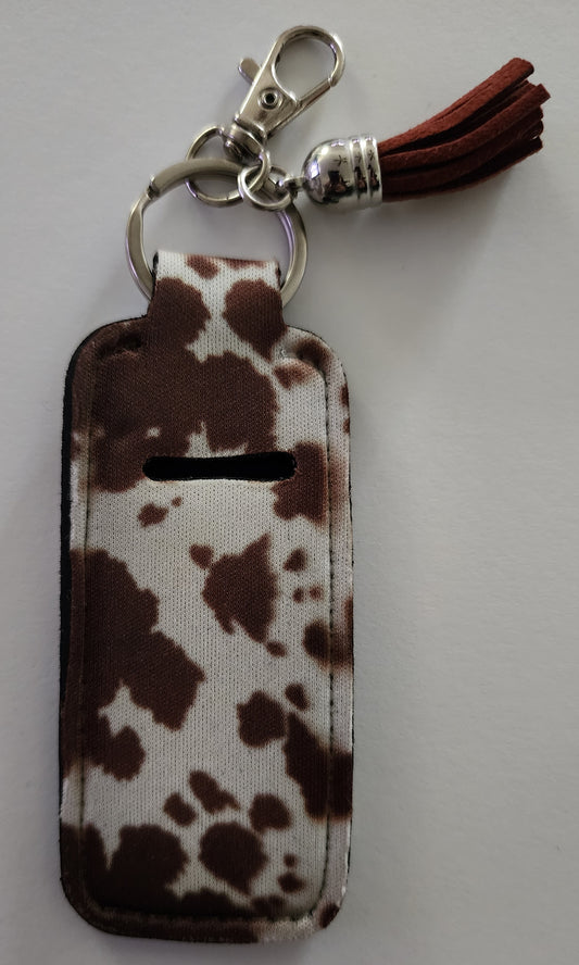 Neoprene Brown Cow Print Chapstick Holder Keychain