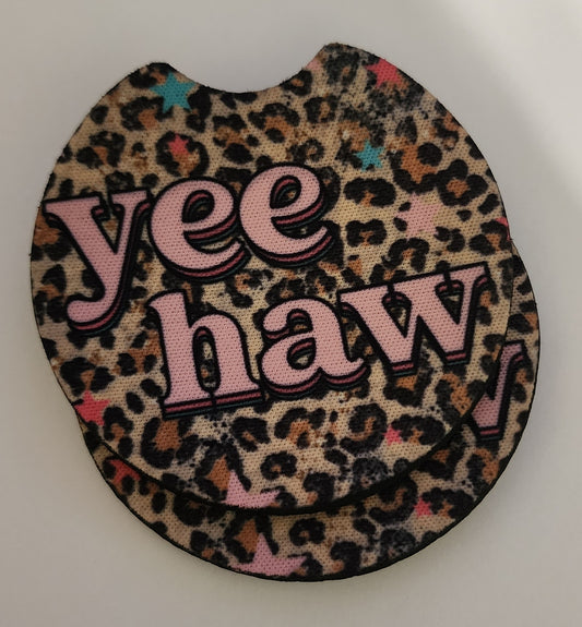 2PC Cheetah Print Yee Haw Car Coaster Set