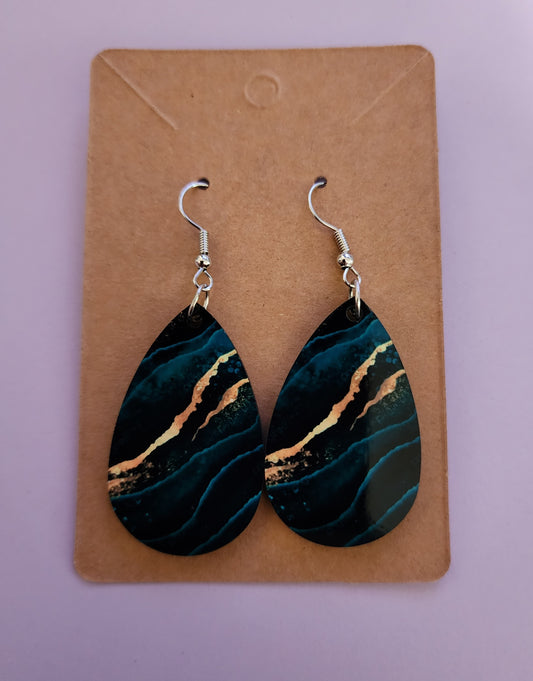 Marble Green and Gold Double Sided Tear Drop Dangle Earrings