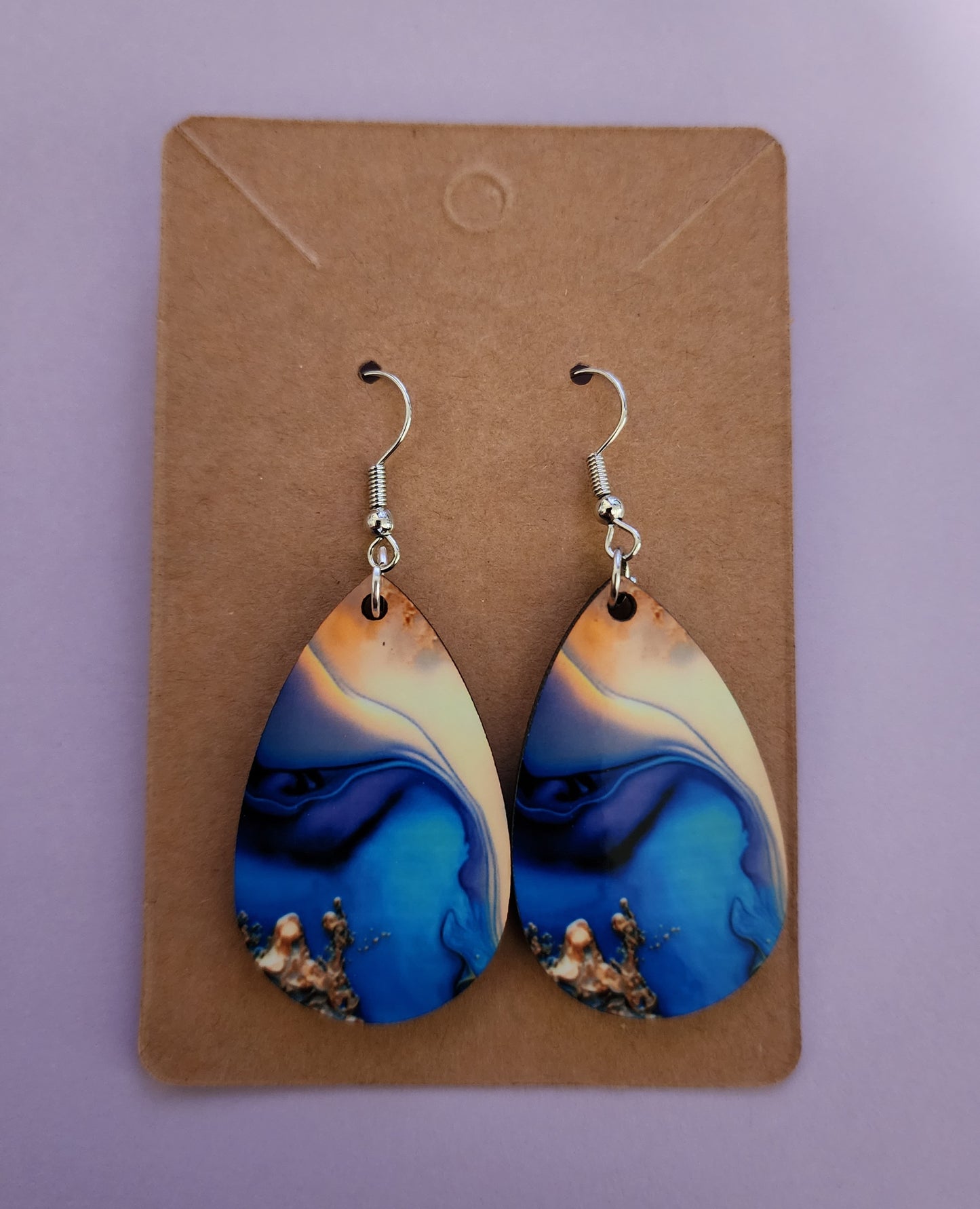 Marble Blue and Gold Double Sided Tear Drop Dangle Earrings