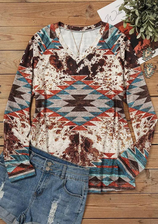 Tribal Roots V Neck Pullover | Boho Chic Long Sleeve T-Shirt