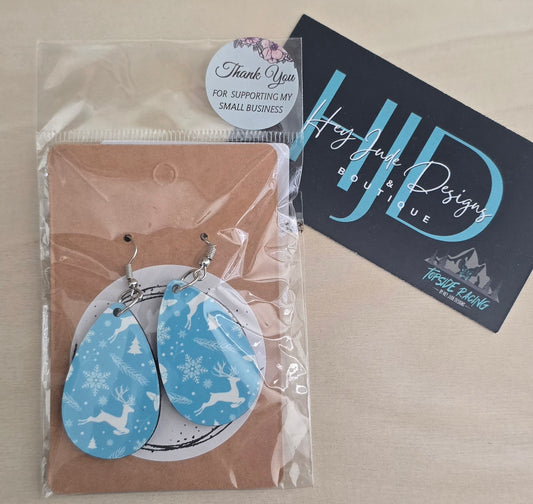 Blue Snow & Deer Double Sided Tear Drop Dangle Earrings