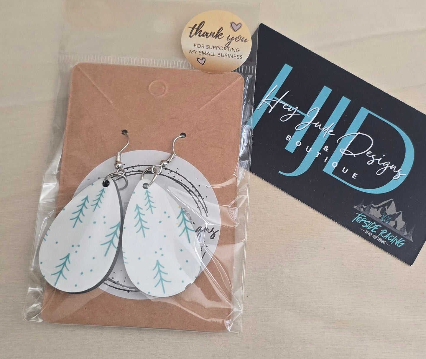 White & Green Trees Double Sided Tear Drop Dangle Earrings