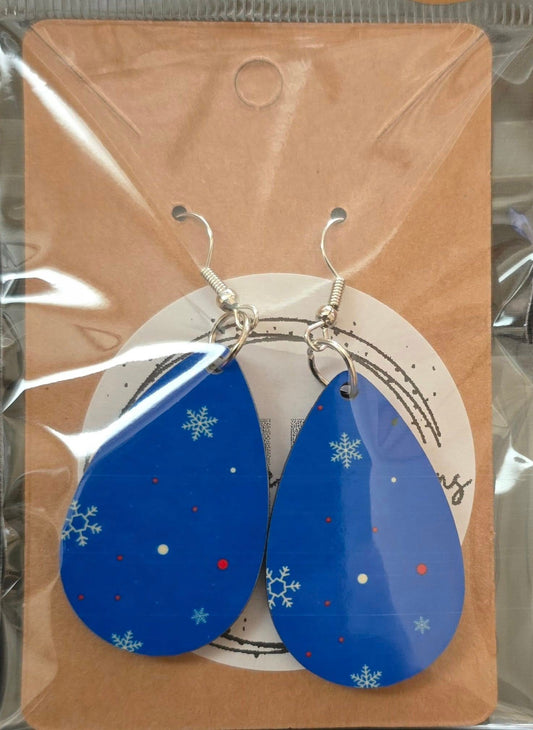 Blue Snowflakes Double Sided Tear Drop Dangle Earrings
