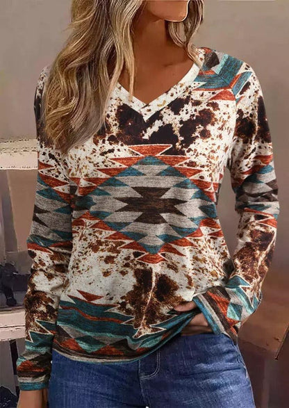 Tribal Roots V Neck Pullover | Boho Chic Long Sleeve T-Shirt