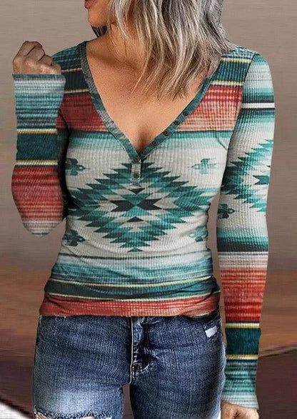 Tribal Roots V Neck Pullover | Boho Chic Long Sleeve T-Shirt
