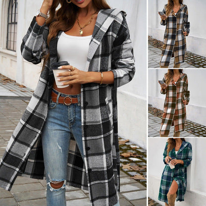 Contrasting Color Hooded Jacket – Stylish Cowgirl Outerwear with Checkered Pattern