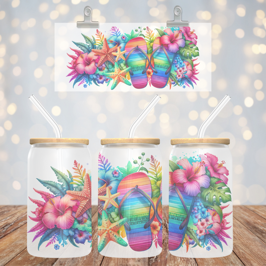 18oz Colorful Flip Flop Glass Can w/ Bamboo Lid and Straw