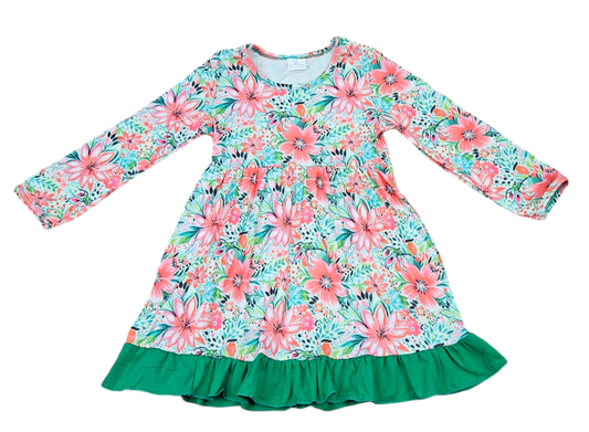 Christmas Floral Long Sleeve Ruffle Milk Silk Dress
